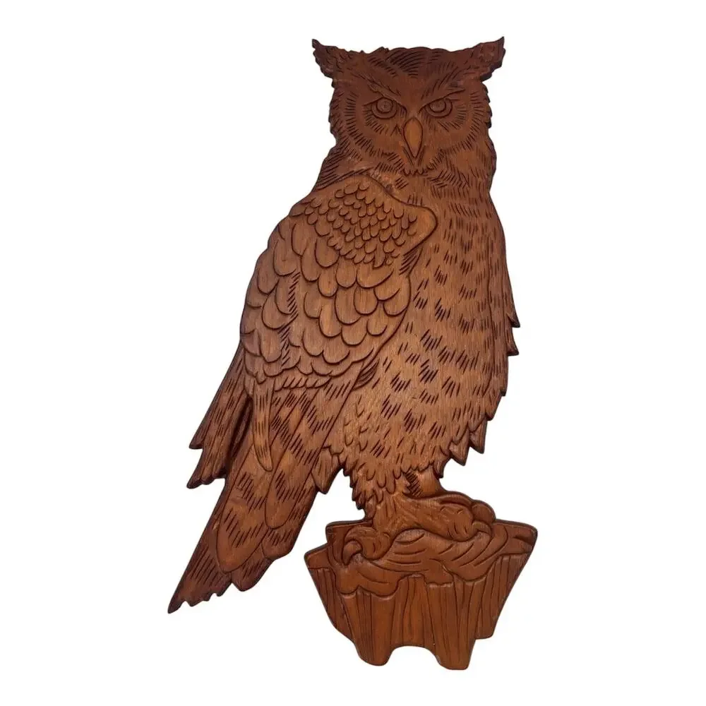 Vintage Mid Century Carved Wood Owl Wall Plaque 15 Inches